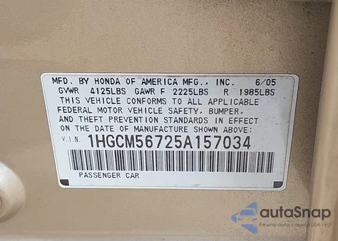 2005 Honda Accord 2.4 Ex from USA, damaged, VIN 1HGCM56725A157034